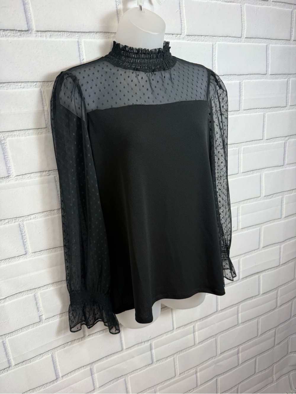 Adrianna Papell Black Swiss Dot Mesh Smocked Mock Neck whimsigoth Blouse Size M - Picture 6 of 8